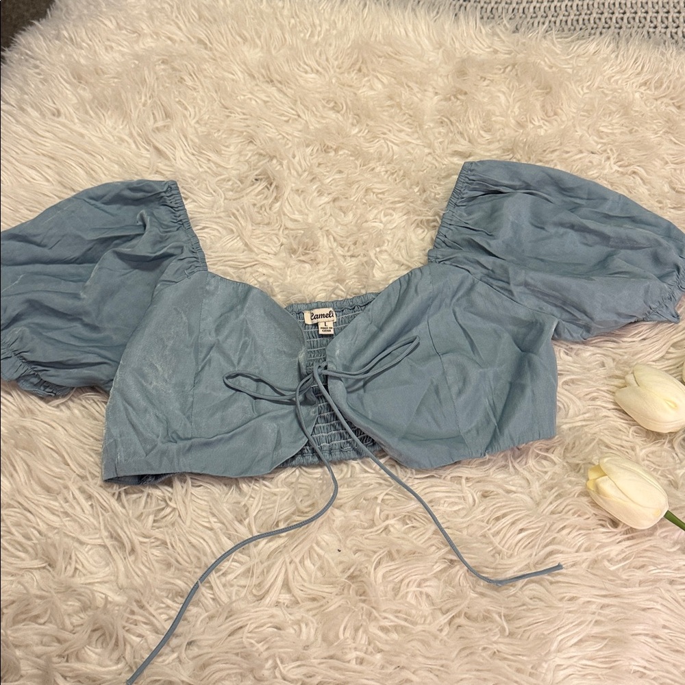Blue Crop Top with Puff Sleeves